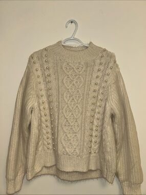 Zara Cream Cable Knit Pearl-Accent Turtleneck Sweater